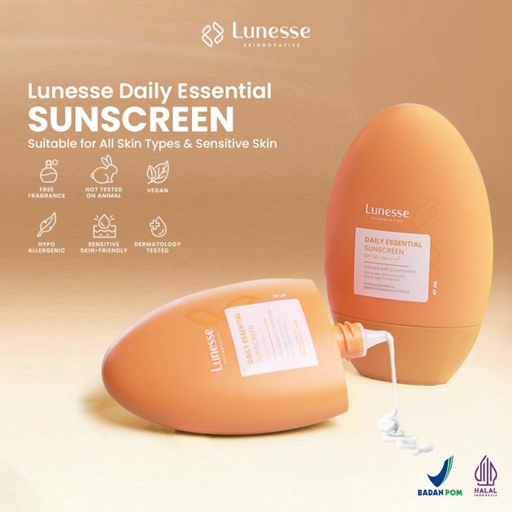 Lunesse - Daily Essential Serum Sunscreen 47ml SPF 50+ PA++++ For Acne & Oily Skin | Oil Control Cepat Menyerap Fast-Absorbing Skin True to Skin Sunscreen Aqua Sunblock Badan Sun Stick Barrier Brightening Whitening Wajah Melindungi