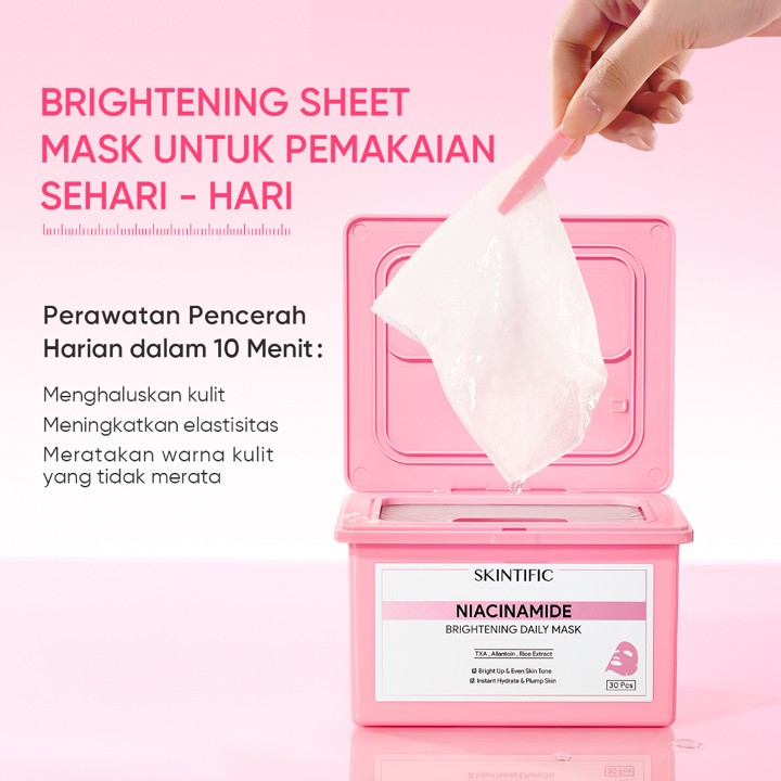 SKINTIFlC -NIACINAMIDE BRIGHTENING DAILY MASK 30sheets|Hydrate Glow sheetmasker wajah masker  komedo dan pori skincare skintific masker wajah 1box sheetmask 30 days sleeping mask masker mencerahkan wajah kusam clay mask claming pore treatment