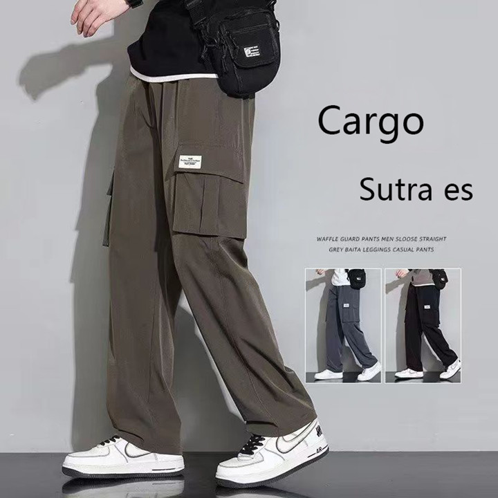 KeyBoy Celana cargo panjang pria baggy pants korean style sutra es casual celana kulot cowok dewasa kargo