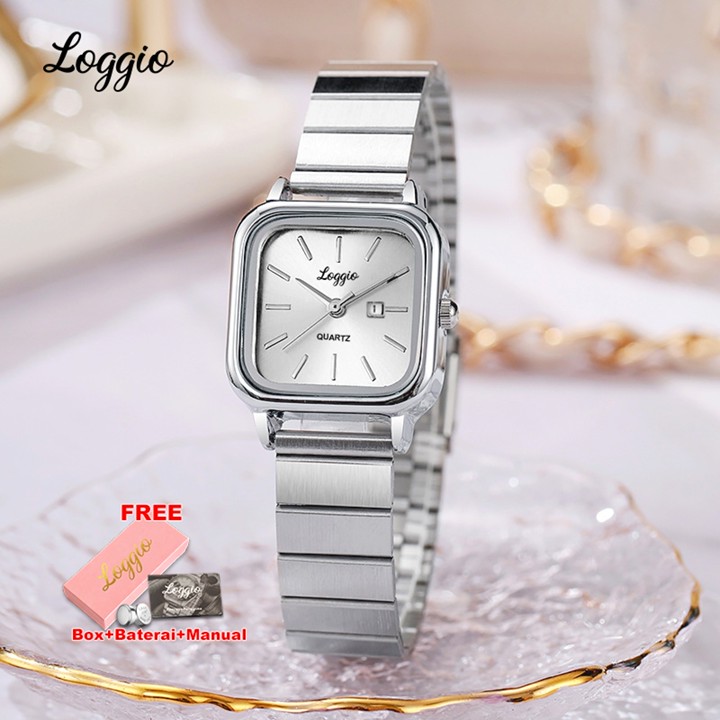 Loggio Jam Tangan Wanita Kecil Analog Stainless steel Dial Kotak Simpel Modern 100% Tali Rantai