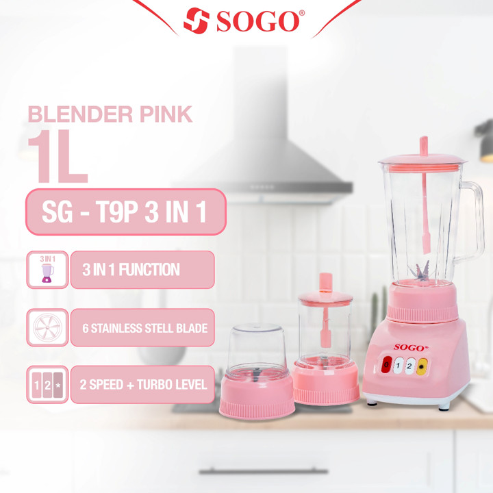 [Ready Stock] SOGO- Blender Pink Ukuran 1L Plastik Anti Pecah Pisau Stainless Steel Mesin Halus Warna Pink