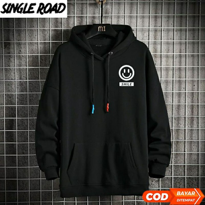 HOODIE Smile Oversized Black FLECE PE TEBAL//Hoodie pria dan wanita