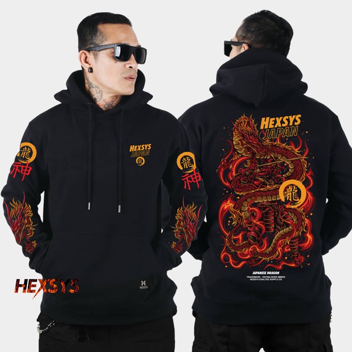 Bossque X Hexsys - Bakuryu Hoodie Bordir  Hoodie Pria Anime Sweater Pria Sukajan
