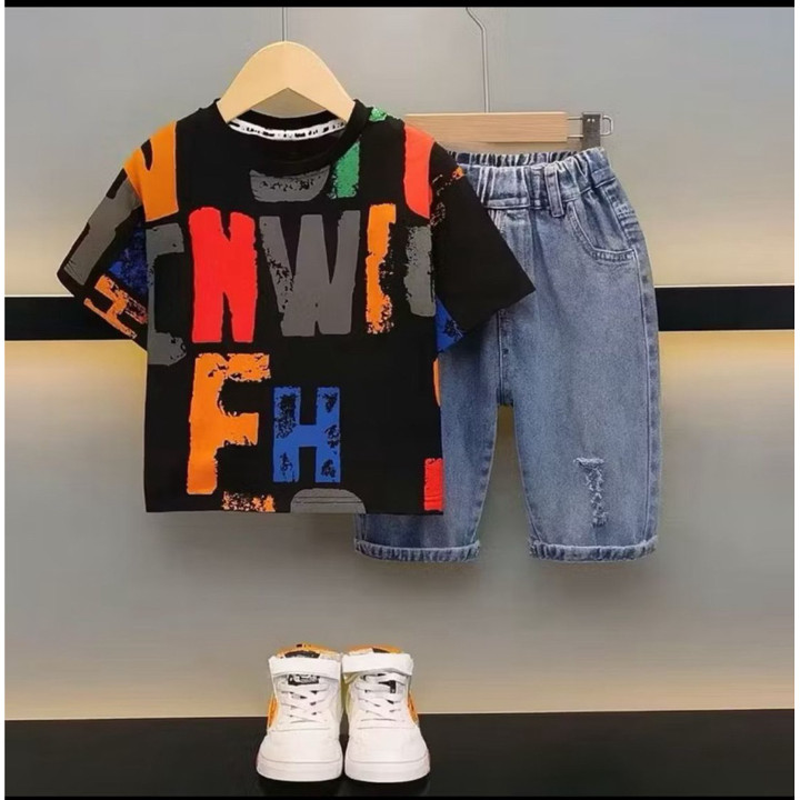 Setelan Baju Kaos Dan Celana Denim Anak Motif Alphabet Keren Usia 1-5 Tahun Top 