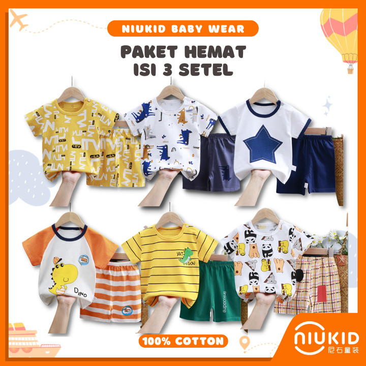 [COD] NIUKID - Paket Hemat Setelan Baju Bayi Lengan Pendek Umur 0 6 Tahun Celana