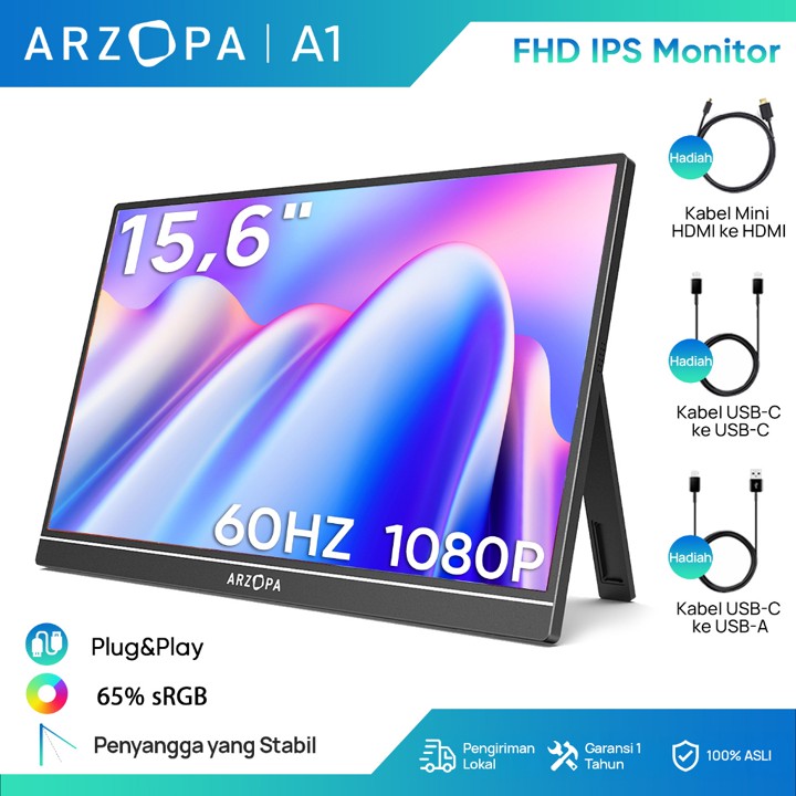 (Official Store) ARZOPA Monitor Portabel A1, 15,6" FHD 1080P, Monitor Laptop Por
