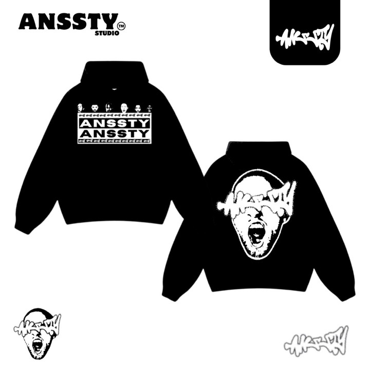 Anssty Hoodie Boxy 440GSM Big Face Black White