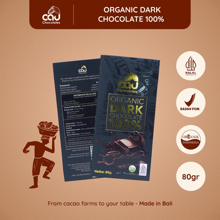 CAU CHOCOLATES - Organic Dark Chocolate 100% / Coklat Organik Murni - 80 gr
