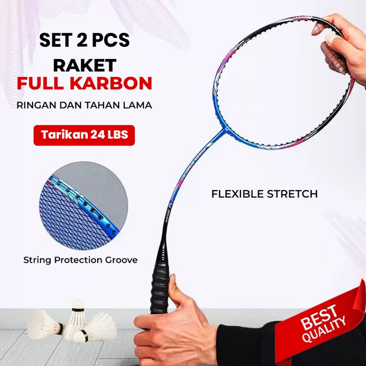 2 Pcs Raket Bulutangkis Badminton Carbon Ringan Gratis Tas & Kok