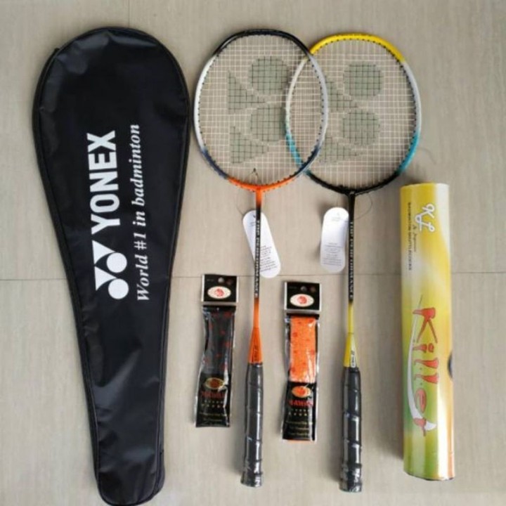 RAKET BADMINTON PAKET LENGKAP HEMAT MURAH dapat 2 raket, 12 kok, tas , 2 grip fr