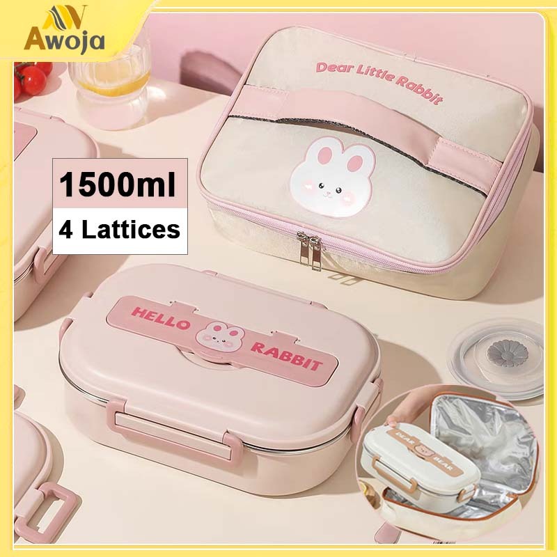 Lunch Box Kotak Makan 4 Grid 1500ml 304 Stainless Steel Portable Food Storage Co