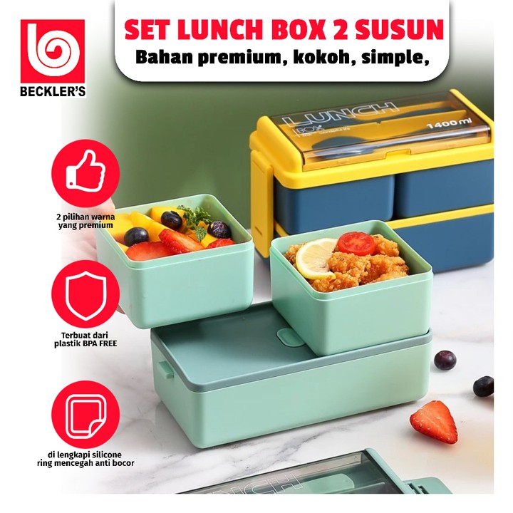 (Beckler's)  Lunch Box 2 Susun 1400ML Sekat Geser Anti Tumpah FREE Sendok Garpu/