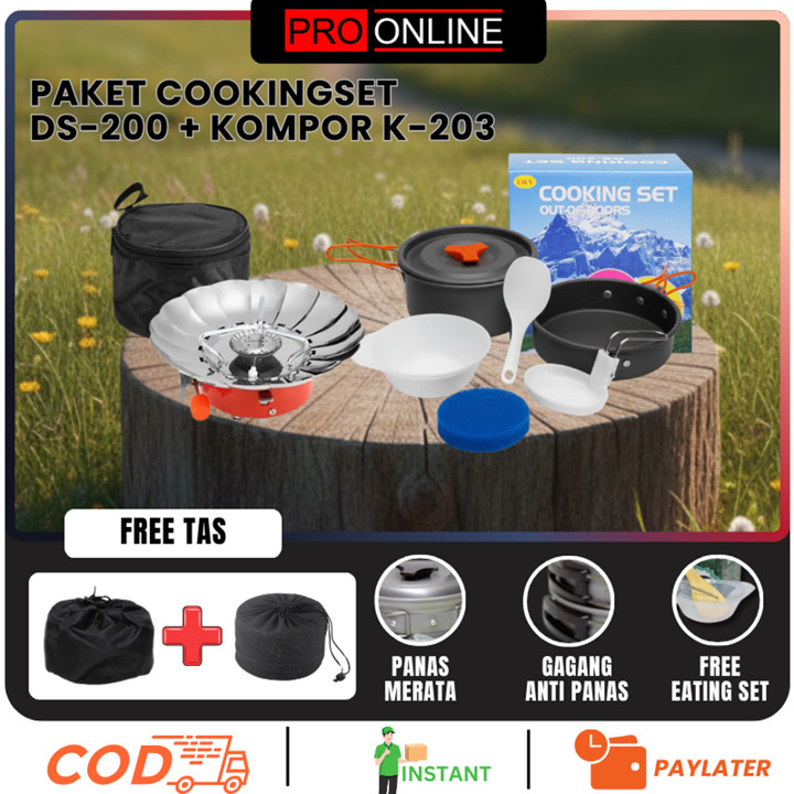 Paket Cooking set 2-3 Orang + Kompor Portable Dan Windproof - Mawar Atau Kotak - Alat Masak 2 Susun