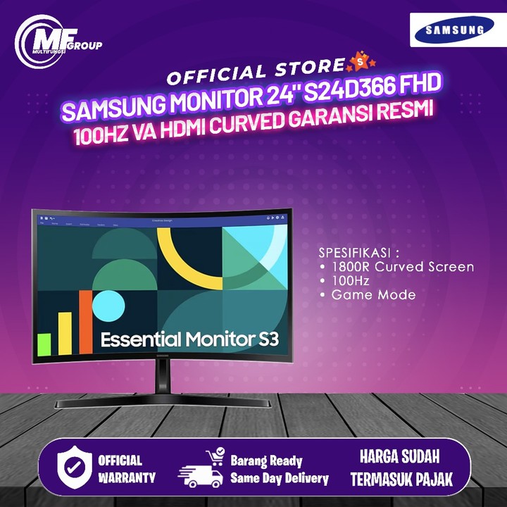 Samsung Monitor 24" S24D366 FHD 100Hz VA HDMI Curved Garansi Resmi