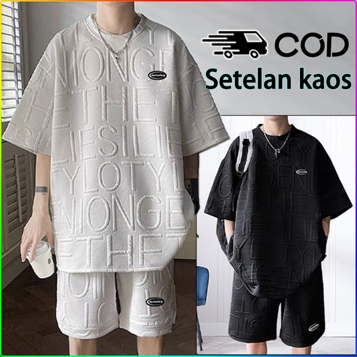 (New Bahan tebal)baju setelan pria 2024 Distro setelan kaos oversize pria+celana