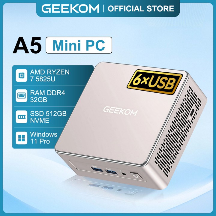 GEEKOM A5 Mini PC with AMD R7 5825U, 3-Year Coverage, 32GB RAM&1TB M.2 NVMe SSD,