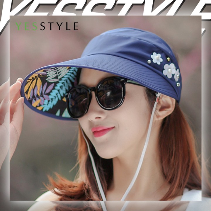 Yesstyle Topi Visor Wanita Lipat Pelindung UV Topi Pantai Motif Bunga Musim Pana