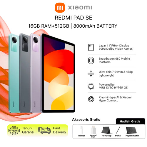 Xiaomi Redmi Pad SE (16GB+512GB) | Snapdragon Chipset | Layar 11" FHD+ | 8000mAh 5 Tahun Garansi Resmi