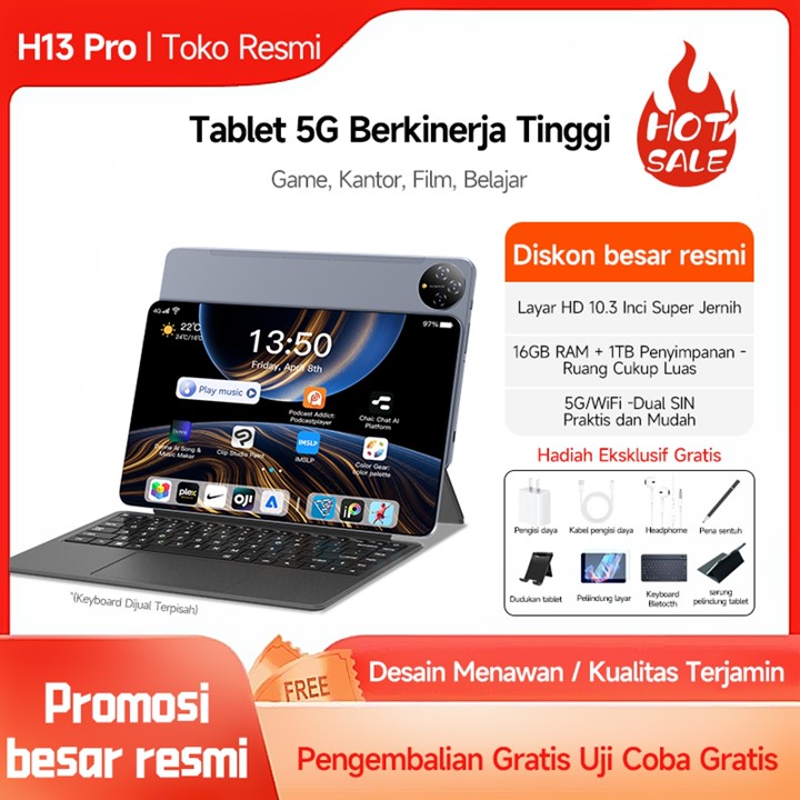 Asli Baru H13 Pro PAD 5G/4G Tablet 10.8 inci HD 120Hz 5G/4G WIFI Tablet Android (RAM 16GB+ROM 1TB) 12800mAh Android 13 tab Dual Card Asli Resmi Promo Garansi android tablet Edukasi Promosi Produk Garansi Learning Gaming Tablet
