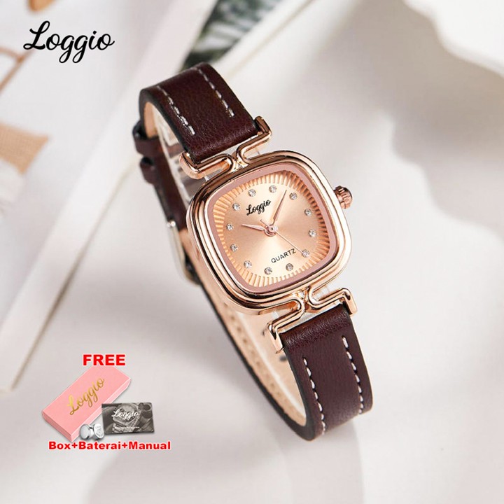 Loggio Jam Tangan Wanita Kulit Pointer Original Korea Retro Anggun Kuarsa Berlian Jam Tangan Cewek