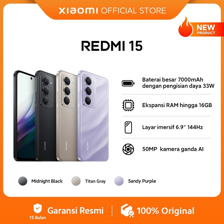 Xiaomi Redmi 15 (8GB/128GB) (8GB/256GB) Baterai besar 7000mA