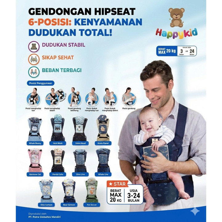 Happykid Gendongan Hipseat 6 Posisi / Gendongan Bayi Hip seat Anti Pegal Ergonomis