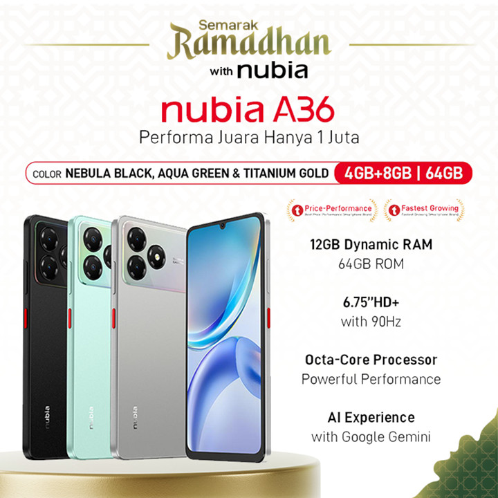 Handphone nubia A36 ROM 64GB RAM 12GB (4+8GB) Smartphone Kamera AI 13MP Layar 6.75" 90Hz, Baterai 5000mAh Fast Charging