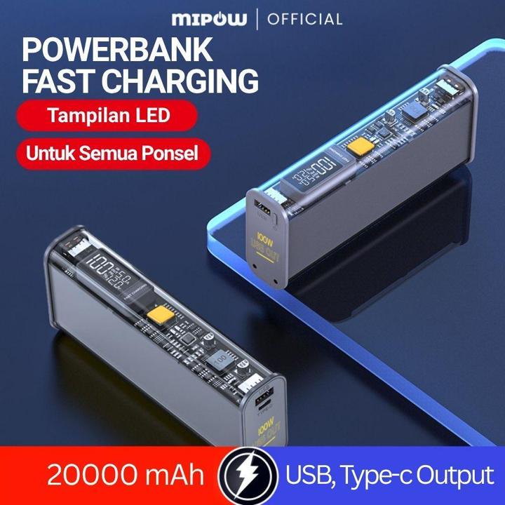 Mipow 100W Super Fast Charging Power Bank LED Display Powerbank 20000mAh Dual Output Port USB & Type-C Garansi Original powerbank portable