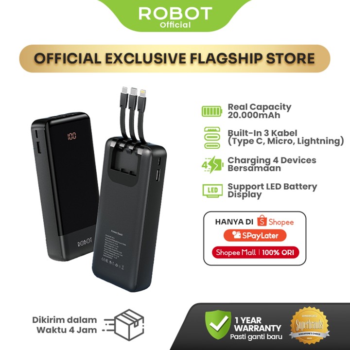 ROBOT Powerbank 20000mAh Fast Charging 15W 3 Kabel Type-C Lightning Micro - Bisa Dibawa ke Pesawat RP-201L - Garansi 1 Tahun