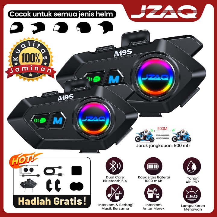 JZAQ A19S headset bluetooth/intercom 2 orang/bluetooth headset /intercom helm/intercom helm waterproof  mendukung model yang berbeda 500 meter intercom  Music Sharing, Music Sharing dan intercom secara bersamaan IPX6 tahan air 1000mAh/10 lighting modes