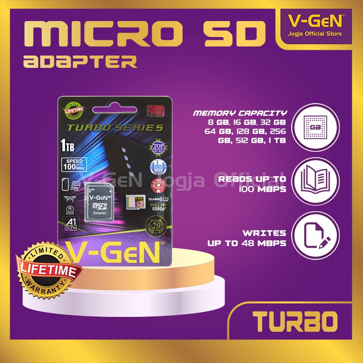 Micro SD V-GeN Turbo 8GB, 16GB, 32GB, 64GB, 128 GB +ADAPTER Original - Resmi