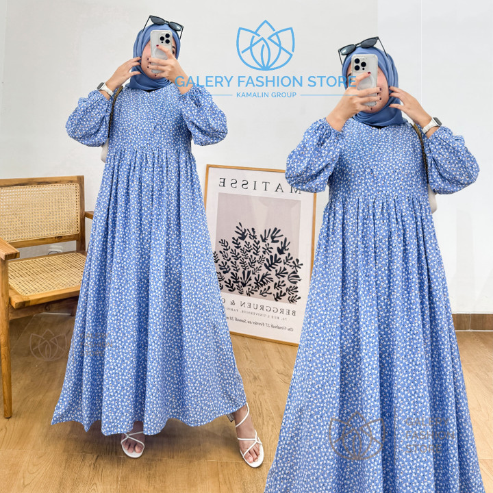 Midi Dress Rayon Premium Jumbo Busui Zipper Motif Peony By Kamalin