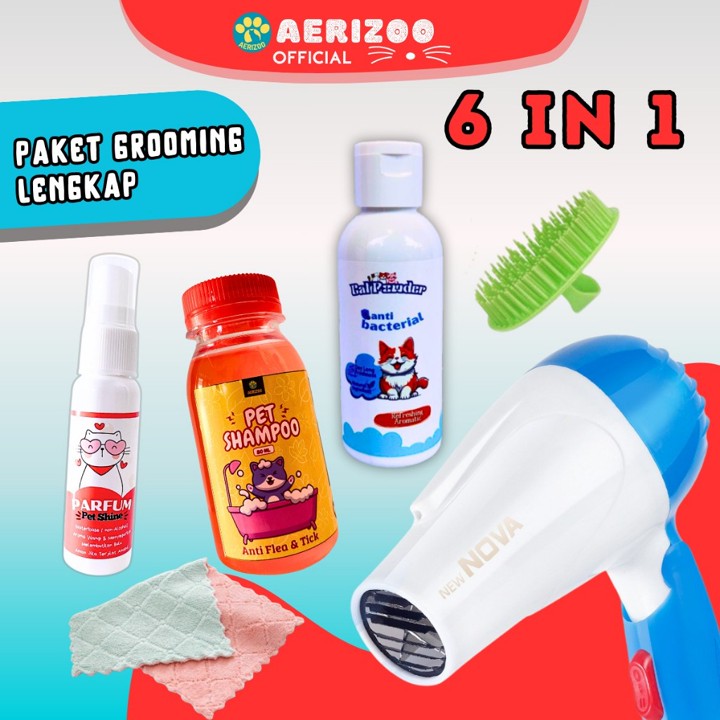 Paket Mandi Kucing 6in1: Hairdryer, Shampo, Sisir, Handuk, B
