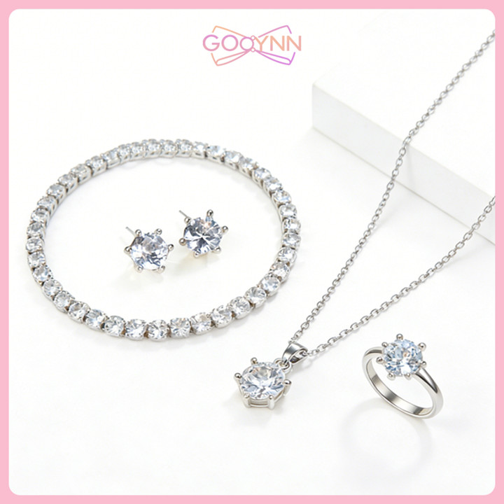 GOOYNN Kalung Gelang Cincin Anting-anting Set 4in1 Perhiasan