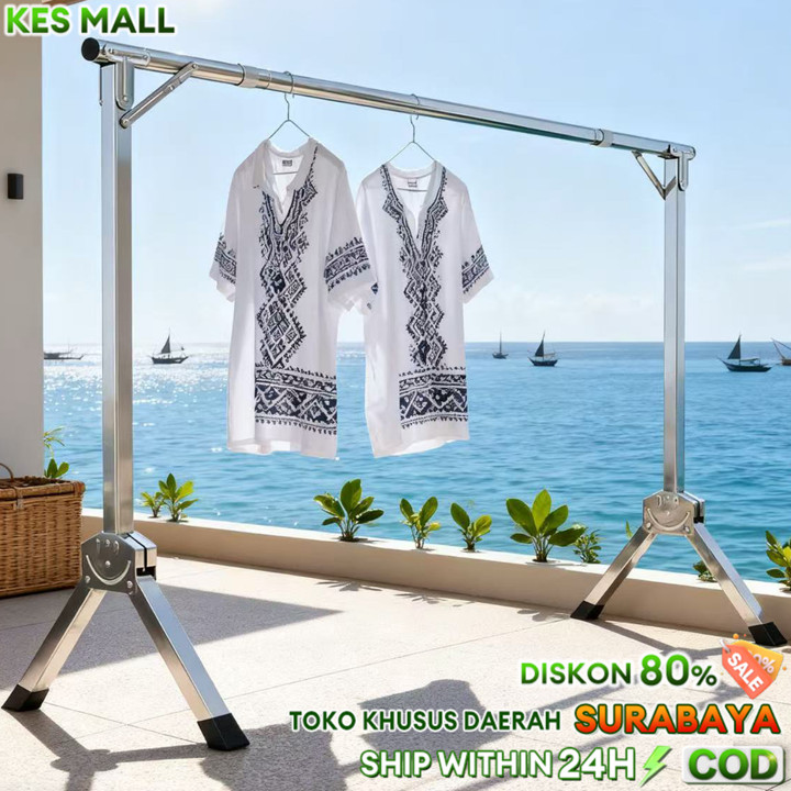 Jemuran Baju Lipat SUS 304 1 Tiang 160/200/240cm Roda Anti K