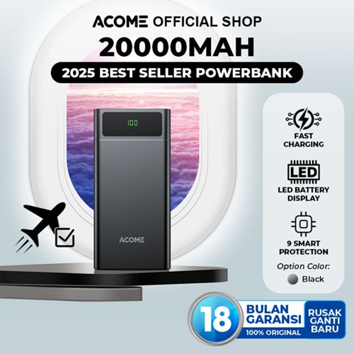 ACOME Powerbank 20000mAh AP201 Fast Charging LED Display Dual Input & Three Output Original for for iPhone Samsung Xiaomi Huawei Infinix OPPO Realme