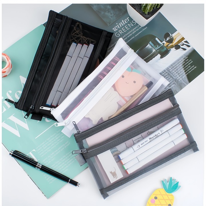 Tempat Pensil Transparan Satu/Dua Lapisan Dengan Resleting K