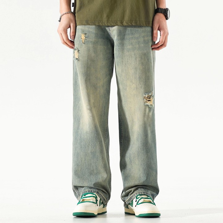 OVERSIZE VINTAGE Celana Jeans Pria Baggy Retro Biru Sobek De
