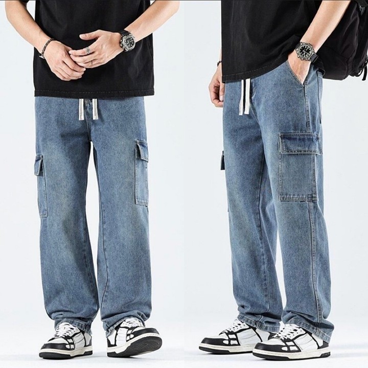 celana cargo panjang pria denim korean street style terbaru 