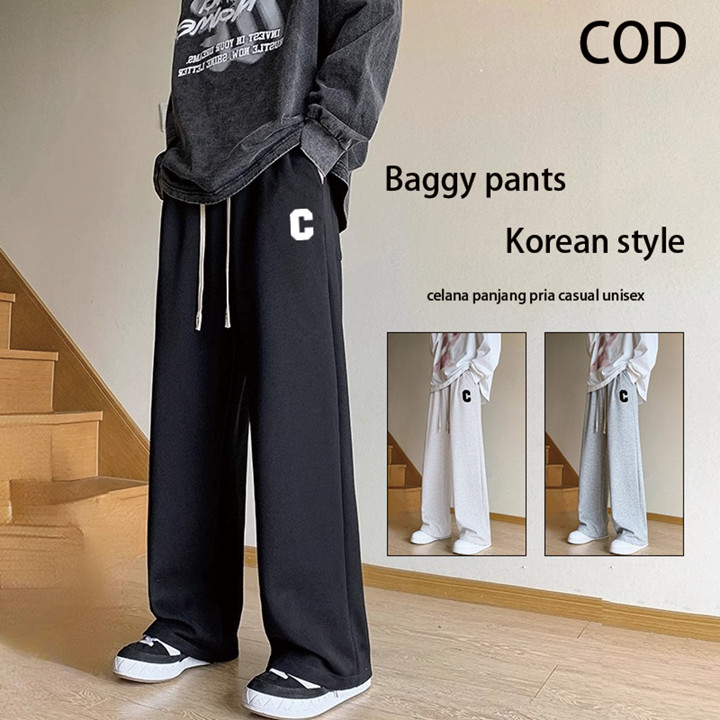Celana panjang pria hitam unisex Korean style baggy pants mi