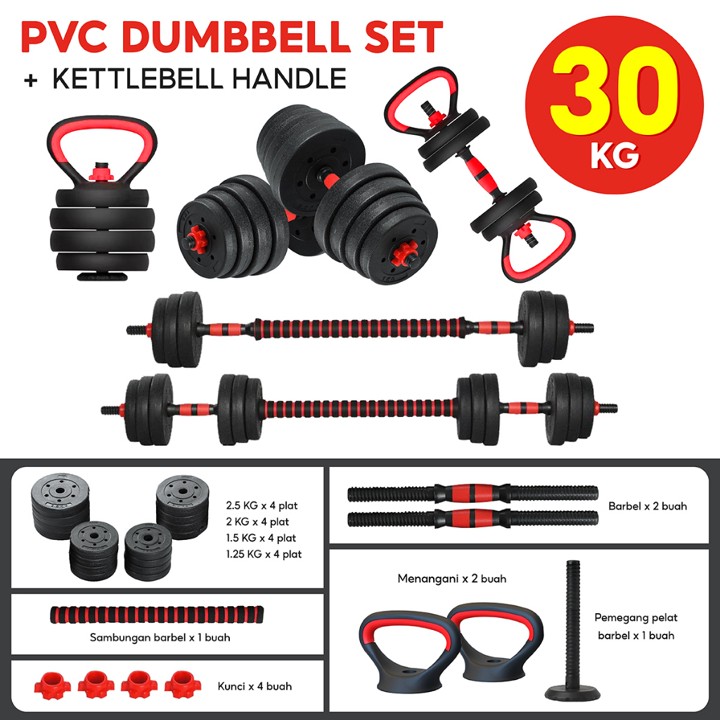 BG SPORT Set Dumbell Barbel PVC Kettlebel 30KG Alat Gym Fitn