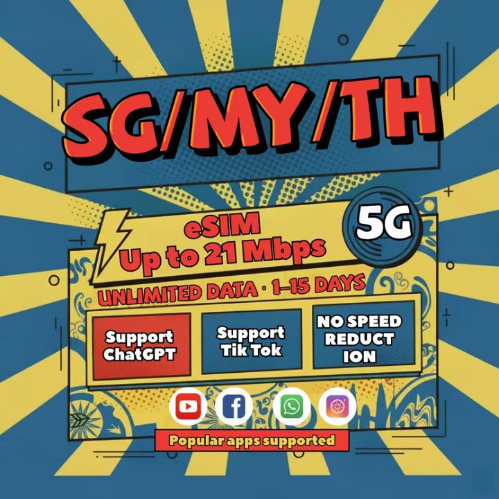 Singapore,Malaysia,Thailand kartu ESIM 1-8 hari Harian 1GB/2GB Data 4G Tanpa Batas Thailand kartu ESIM Kartu perjalanan 24h Email Gunakan segera
