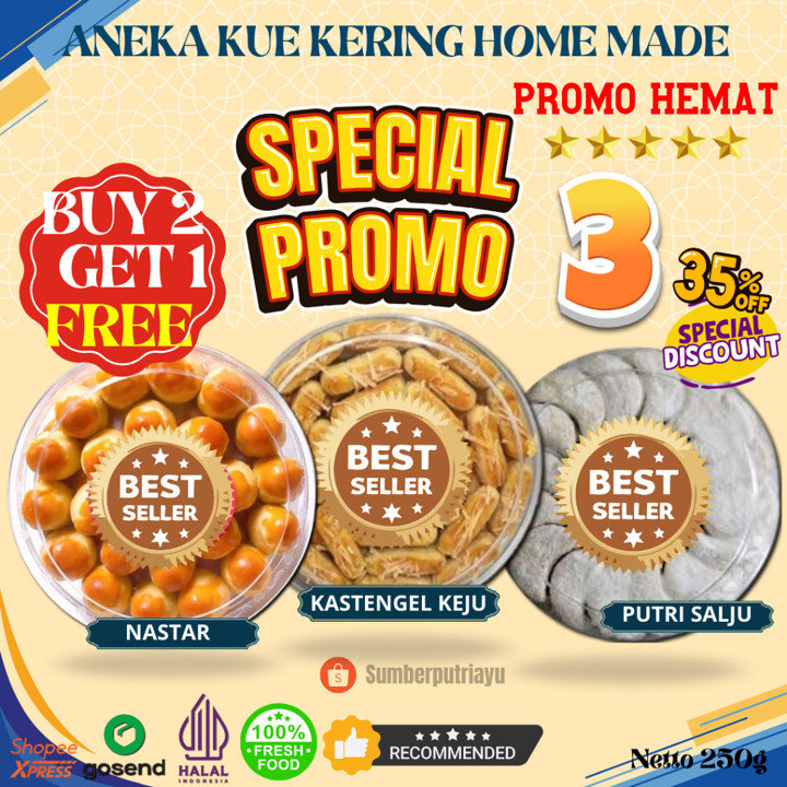 PAKET SPESIAL PROMO Isi 3 Toples 250g Kue kering Premium Homemade Kuker Nastar Premium Kastengel keju Chocochips Putri Salju Lumer lezat Enak Halal