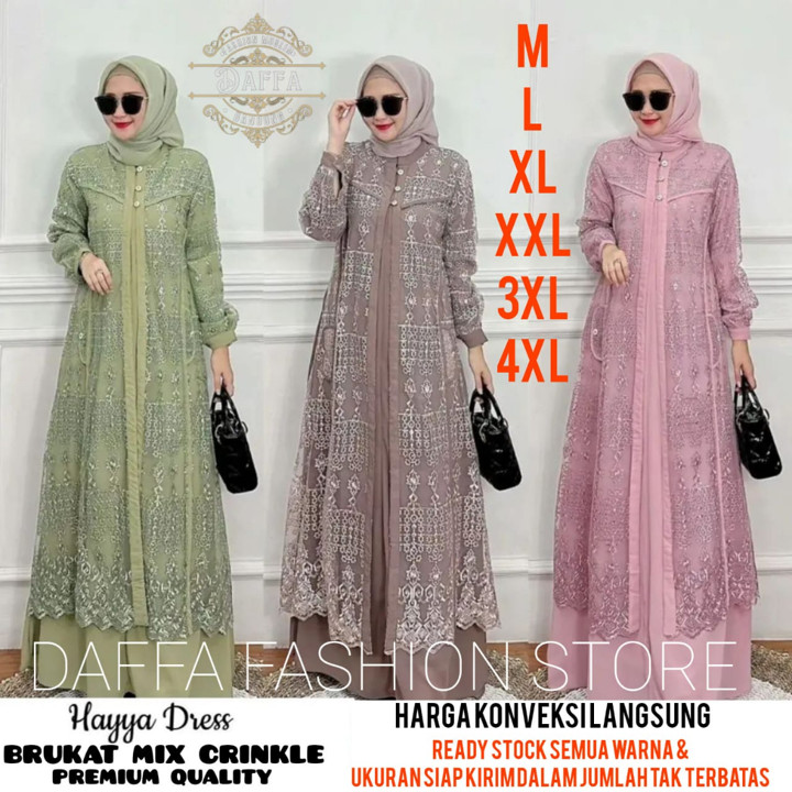 Hayya Dress Brukat SIZE (M L XL XXL XXXL 4XL) Gamis Muslim DRESS BRUKAT HAYYA DRESS GAMIS PESTA MEWAH CRINKLE MIX TILLE AKAR PEMIUM