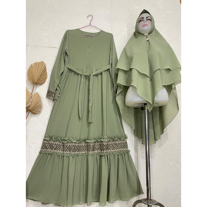Gamis Syari Ceruty Mix Renda Depan dan Tangan | Gamis Syari Busui Set Khimar