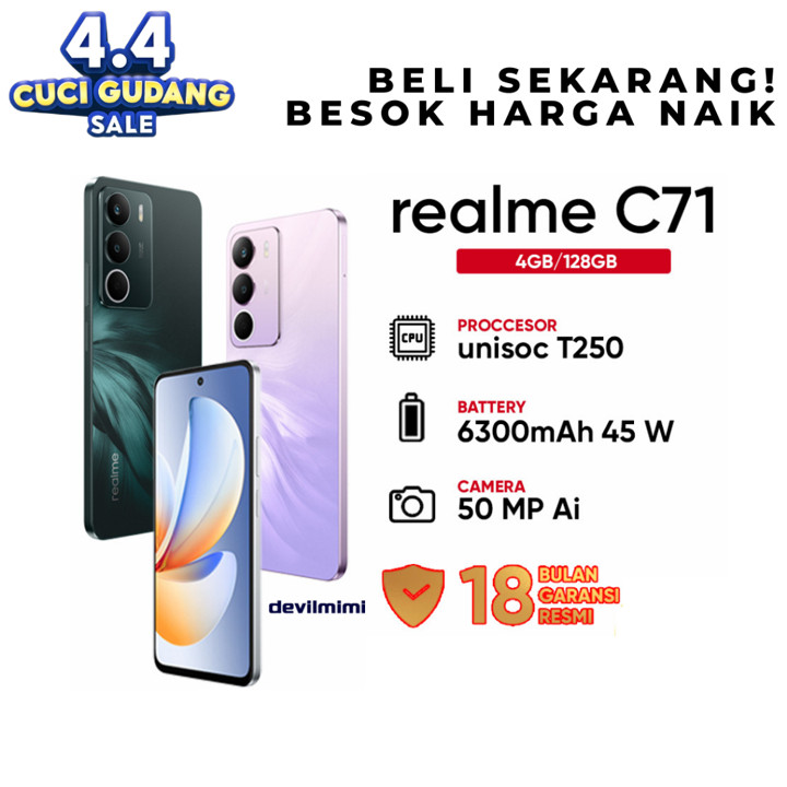 devilmimi realme series C71 4GB+8GB / 128 GB baterai titan 6300mAh | Pulse Light Notification HP
