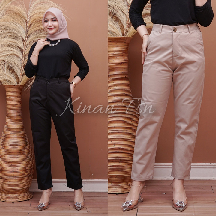 Celana Basic Resleting Wanita Karet Casual Formal Kantor Bahan Katun Jumbo