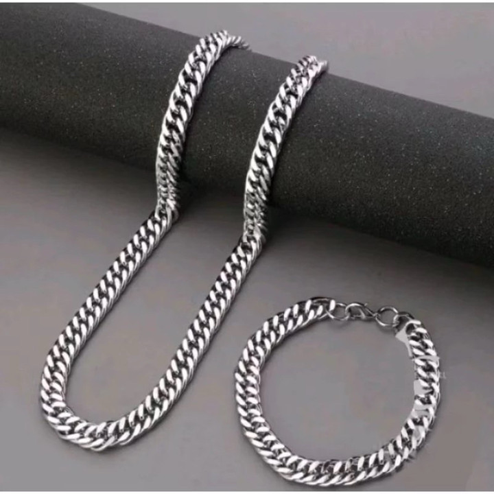 PROMO KALUNG GELANG TITANIUM PRIA SATU SET ANTI LUNTUR TERMURAH MODEL RANTAI DOBLE