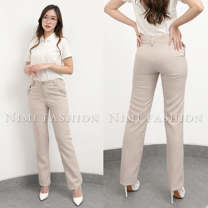 NIMI - Celana Kerja Kantor Reguler Formal Cream Pinggang Kancing Resleting Wanita