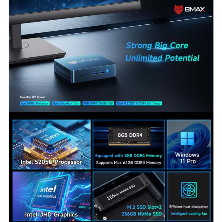 MiniPC Office BMAX MaxMini B2 Power Intel 5205 SSD HDMI DP W